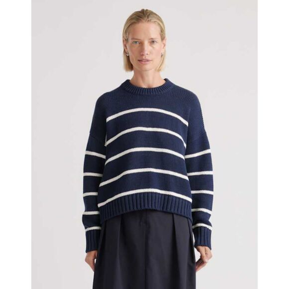 Quince Sweaters - Quince Navy and White Striped Crew Neck Sweater